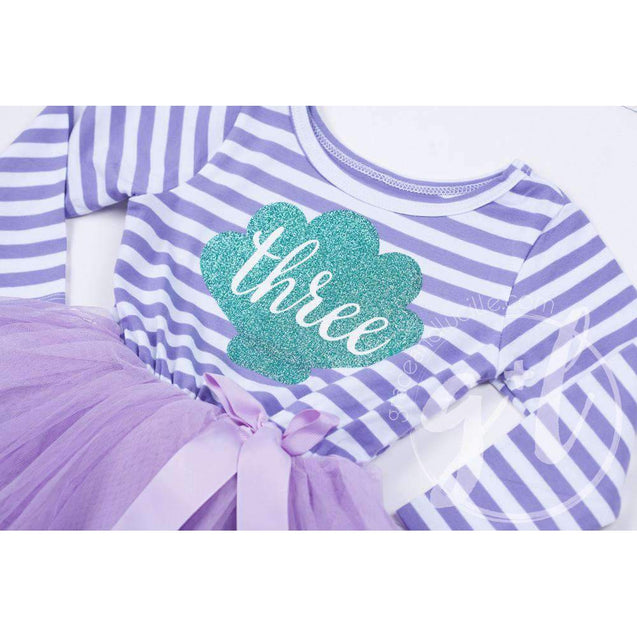 3rd Birthday Mermaid Dress Aqua Sea Shell "THREE" Purple Striped Long Sleeves - Grace and Lucille