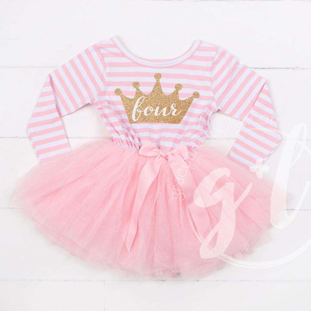 4th Birthday Dress Gold Crown "FOUR" Pink Stripe Sleeveless - Grace and Lucille