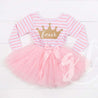 4th Birthday Dress Gold Crown "FOUR" Pink Stripe Sleeveless - Grace and Lucille