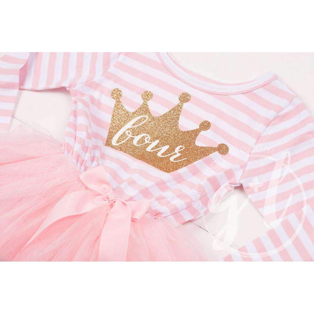 4th Birthday Dress Gold Crown "FOUR" Pink Striped Long Sleeve - Grace and Lucille