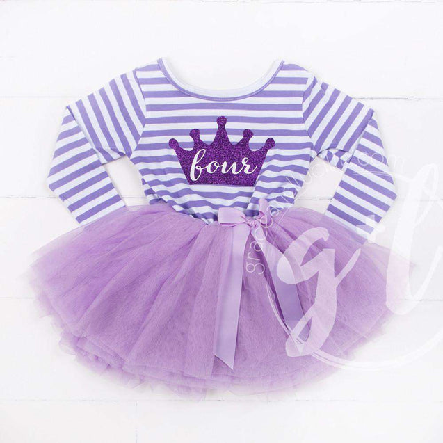 4th Birthday Dress Purple Crown "FOUR" Purple Striped Long Sleeves - Grace and Lucille