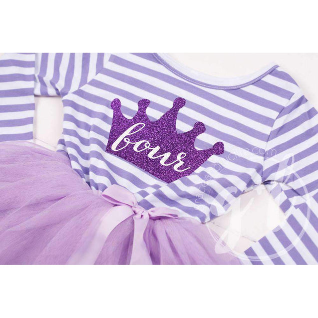 4th Birthday Dress Purple Crown "FOUR" Purple Striped Long Sleeves - Grace and Lucille