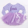 4th Birthday Dress Purple Script "FOUR" Purple Striped Long Sleeves - Grace and Lucille