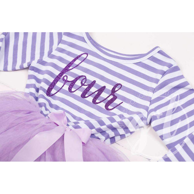 4th Birthday Dress Purple Script "FOUR" Purple Striped Long Sleeves - Grace and Lucille