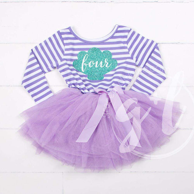 4th Birthday Mermaid Dress Aqua Sea Shell "FOUR" Purple Striped Long Sleeves - Grace and Lucille