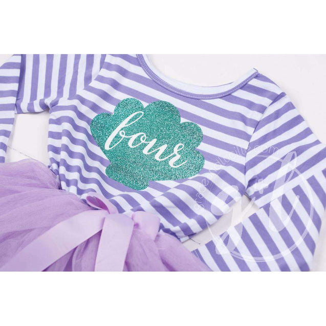 4th Birthday Mermaid Dress Aqua Sea Shell "FOUR" Purple Striped Long Sleeves - Grace and Lucille