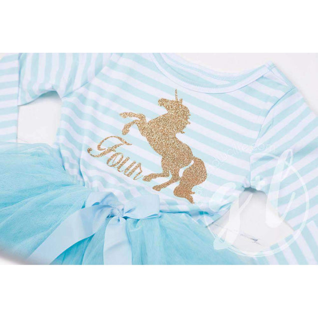 4th Birthday Dress Gold Unicorn "FOUR" Aqua Striped Long Sleeves - Grace and Lucille