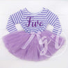 5th Birthday Dress Purple Script "FIVE" Purple Striped Long Sleeves - Grace and Lucille