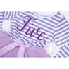 5th Birthday Dress Purple Script "FIVE" Purple Striped Long Sleeves - Grace and Lucille