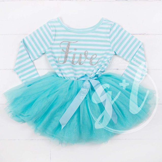 5th Birthday Dress Silver Script "FIVE" Aqua Striped Long Sleeves - Grace and Lucille