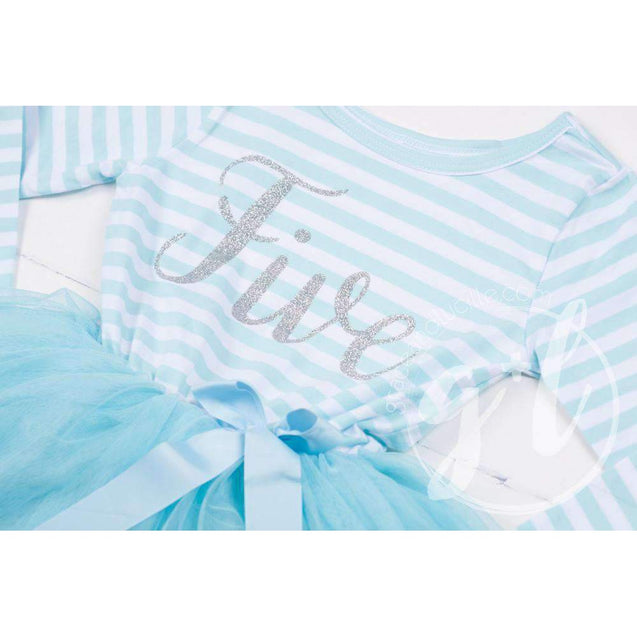 5th Birthday Dress Silver Script "FIVE" Aqua Striped Long Sleeves - Grace and Lucille