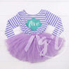 5th Birthday Mermaid Dress Aqua Sea Shell "FIVE" Purple Striped Long Sleeves - Grace and Lucille