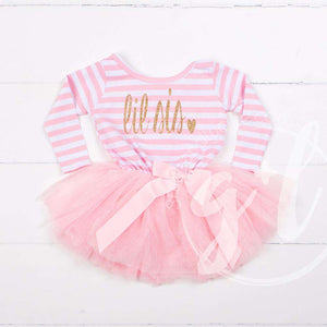 Lil' Sis Dress Gold Script Pink Striped Long Sleeves - Grace and Lucille