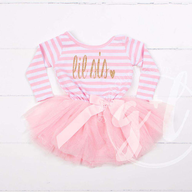 Lil' Sis Dress Gold Script Pink Striped Sleeveless - Grace and Lucille