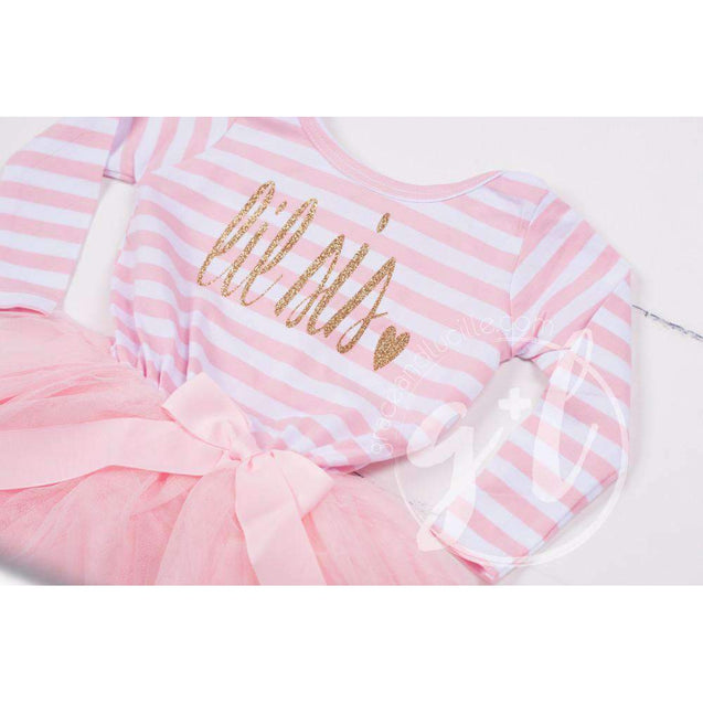 Lil' Sis Dress Gold Script Pink Striped Sleeveless - Grace and Lucille