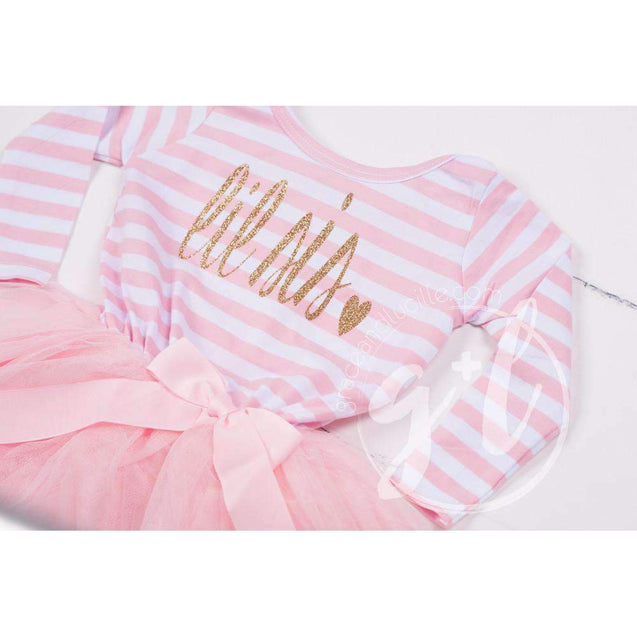 Lil' Sis Dress Gold Script Pink Striped Long Sleeves - Grace and Lucille