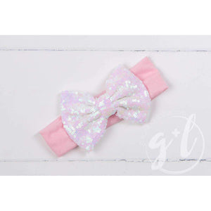 Opalescent Sequined Bow on Solid Pink Headband - Grace and Lucille