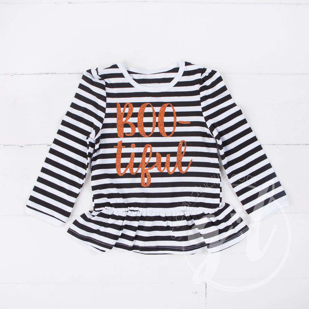Black Stripe "BOO-tiful" Ruffle Hem Shirt, Long Sleeve - Grace and Lucille