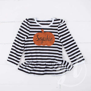 Black Stripe Personalized Pumpkin Ruffle Hem Shirt, Long Sleeve - Grace and Lucille
