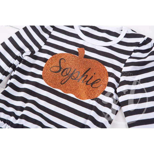 Black Stripe Personalized Pumpkin Ruffle Hem Shirt, Long Sleeve - Grace and Lucille