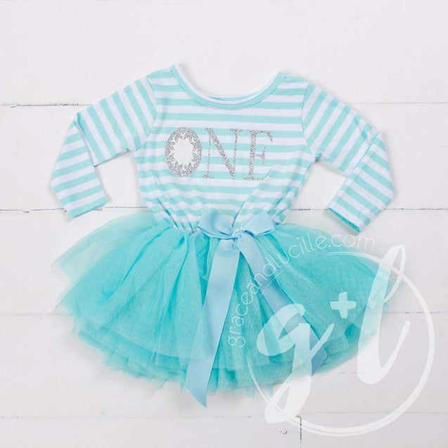 Winter Wonderland Snowflake Birthday Dress "HER AGE" Aqua Striped Long Sleeves - Grace and Lucille