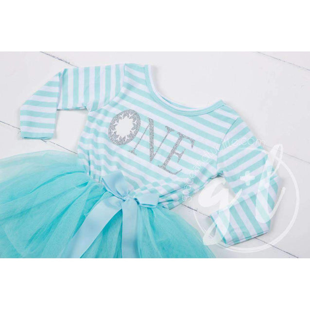 Winter Wonderland Snowflake Birthday Dress "HER AGE" Aqua Striped Long Sleeves - Grace and Lucille