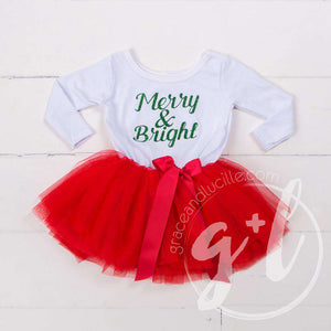 "Merry and Bright" Christmas Dress Red Tutu, White Long Sleeves - Grace and Lucille