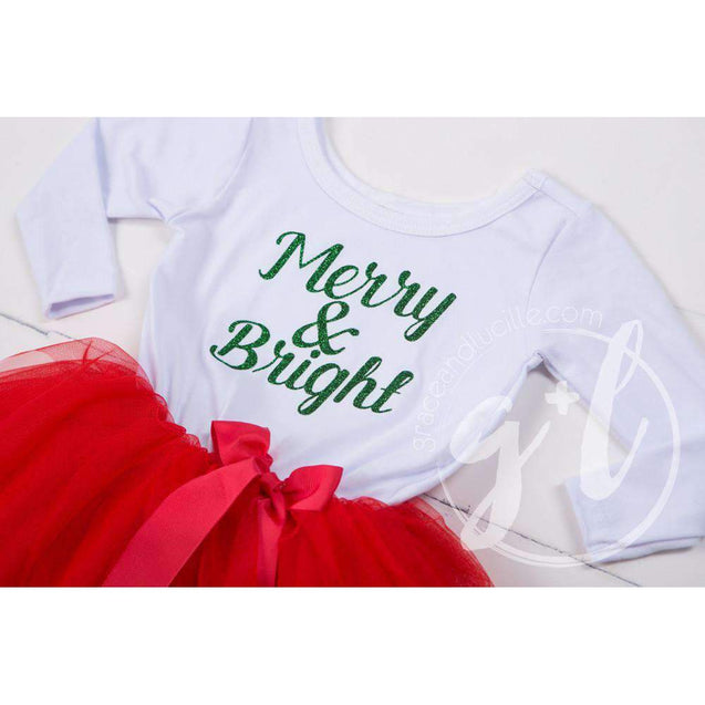 "Merry and Bright" Christmas Dress Red Tutu, White Long Sleeves - Grace and Lucille