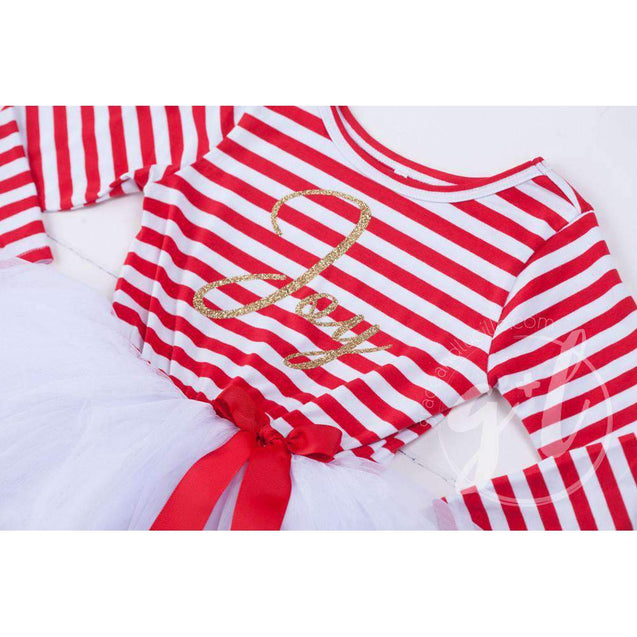 Christmas "JOY" Tutu Dress Red Striped Long Sleeves, Gold JOY - Grace and Lucille