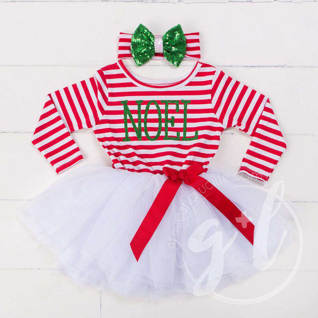 Christmas "NOEL" Dress Red Striped Long Sleeves - Grace and Lucille