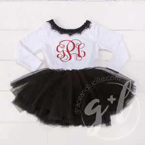 Bejeweled Neck Grand Red Monogram Dress Black Tutu, White Long Sleeves - Grace and Lucille