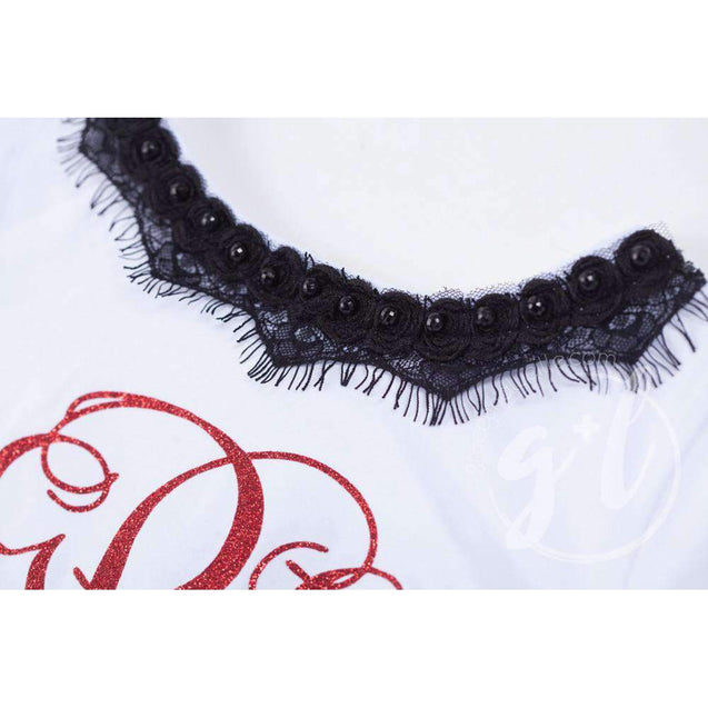 Bejeweled Neck Grand Red Monogram Dress Black Tutu, White Long Sleeves - Grace and Lucille