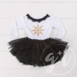 Bejeweled Neck Snowflake Dress Black Tutu, White Long Sleeves - Grace and Lucille