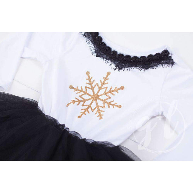 Bejeweled Neck Snowflake Dress Black Tutu, White Long Sleeves - Grace and Lucille