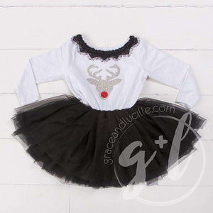 Bejeweled Neck Reindeer Christmas Dress Black Tutu, White Long Sleeves - Grace and Lucille