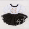 Bejeweled Neck Laurel Wreath Monogram Dress Black Tutu, White Long Sleeves - Grace and Lucille