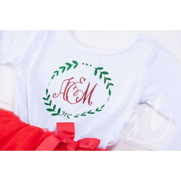 Laurel Wreath Monogram Christmas Dress Red Tutu, White Long Sleeves - Grace and Lucille