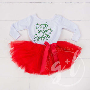 "Tis the Season to Sparkle" Christmas Dress Red Tutu, White Long Sleeves - Grace and Lucille