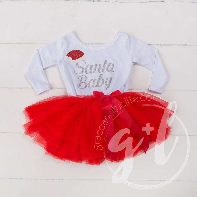 "Santa Baby" Christmas Dress Red Tutu, White Long Sleeves - Grace and Lucille