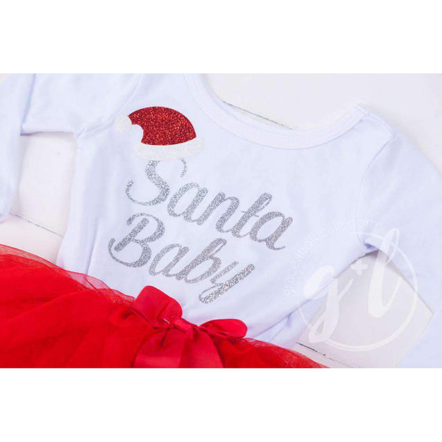 "Santa Baby" Christmas Dress Red Tutu, White Long Sleeves - Grace and Lucille