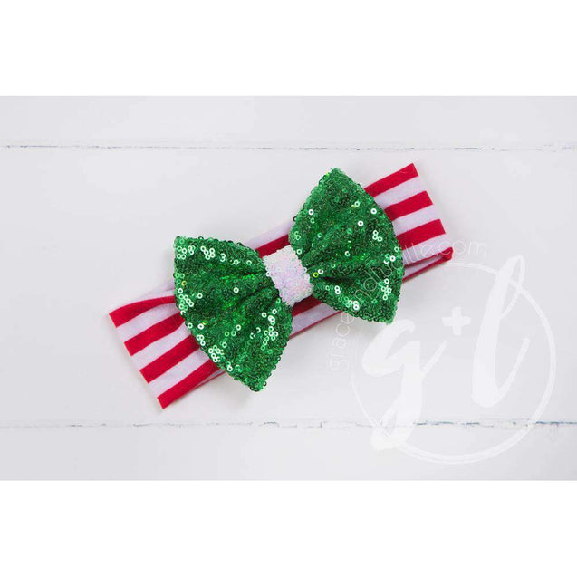 Christmas "JOY" Red Striped Tutu Dress Long Sleeves, Green JOY & Green Bow on Stripe Headband - Grace and Lucille
