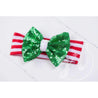 Christmas Green Sequined Bow on Red & White Striped Headband - Grace and Lucille
