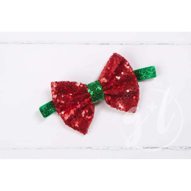 Two-in-One Sequined Bow Headband & Belt, Christmas Red Bow on Green Band - Grace and Lucille