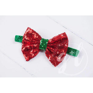 Two-in-One Sequined Bow Headband & Belt, Christmas Red Bow on Green Band - Grace and Lucille