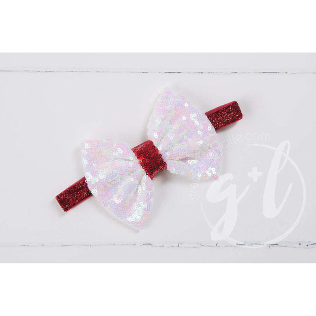 Two-in-One Sequined Bow Headband & Belt, Christmas White Bow on Red Band - Grace and Lucille