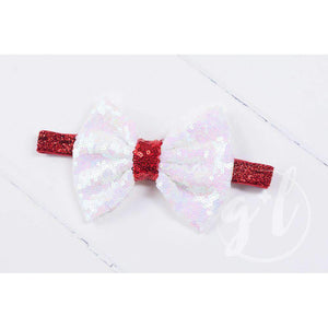 Two-in-One Sequined Bow Headband & Belt, Christmas White Bow on Red Band - Grace and Lucille