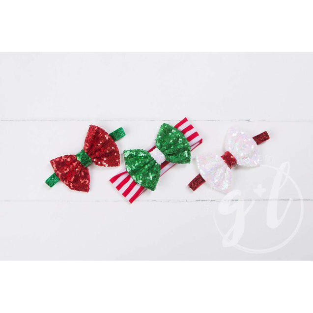 Christmas Green Sequined Bow on Red & White Striped Headband - Grace and Lucille