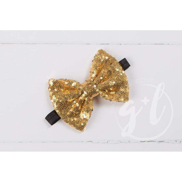 Two-in-One Sequined Bow Headband & Belt, Gold Bow with black band - Grace and Lucille