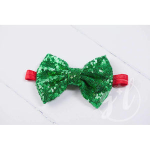 Two-in-One Sequined Bow Headband & Belt, Christmas Green Bow on Red Band - Grace and Lucille