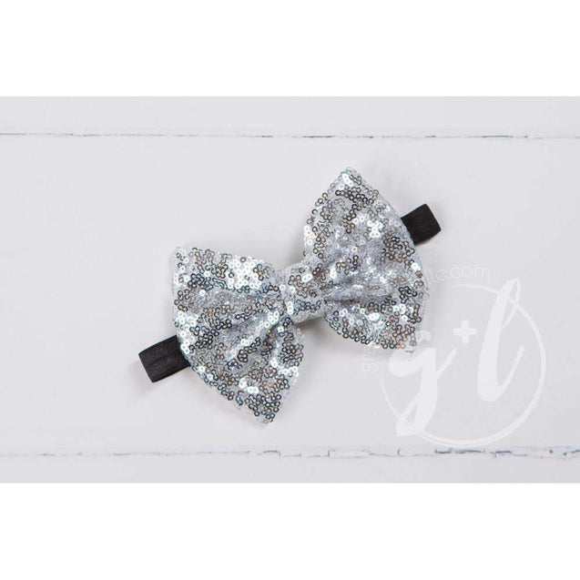 Two-in-One Sequined Bow Headband & Belt, Silver Bow on Black Band - Grace and Lucille